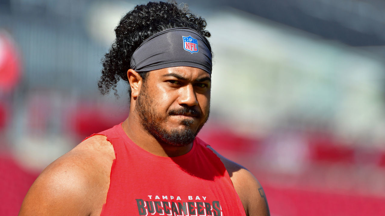 TAMPA, FLORIDA - DECEMBER 08: Vita Vea #50 of the Tampa Bay Buccaneers looks on during warmup prior to a football game against the Indianapolis Colts at Raymond James Stadium on December 08, 2019 in Tampa, Florida.