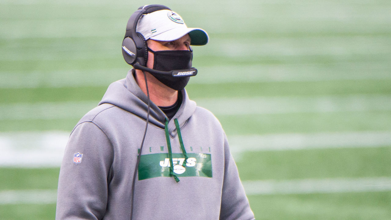 FOXBOROUGH, MA - JANUARY 3, 2021: New York Jets head coach Adam Gase looks on during the first half of the game against the New England Patriots at Gillette Stadium on January 3, 2021 in Foxborough, Massachusetts.