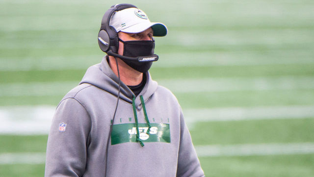 FOXBOROUGH, MA - JANUARY 3, 2021: New York Jets head coach Adam Gase looks on during the first half of the game against the New England Patriots at Gillette Stadium on January 3, 2021 in Foxborough, Massachusetts.