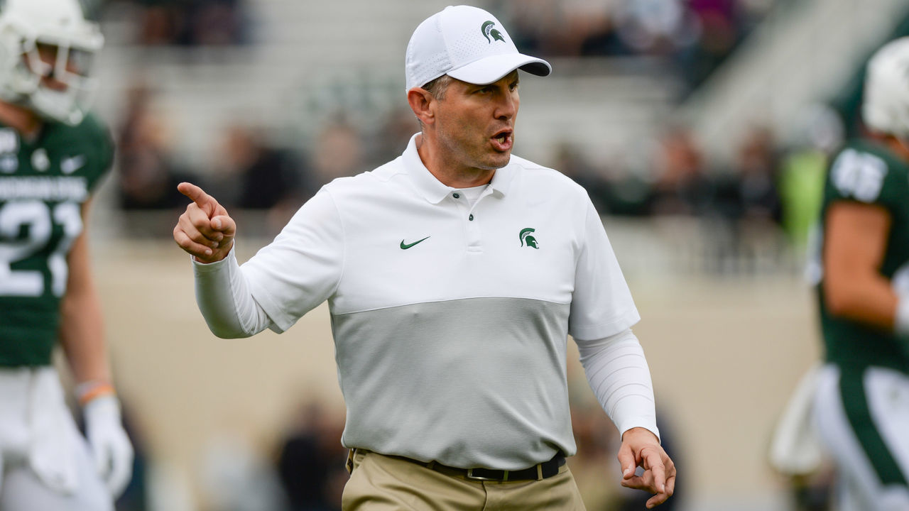 EAST LANSING, MI - SEPTEMBER 28: Michigan State defensive coordinator Mike Tressel instructs his players prior to during a college football game between the Michigan State Spartans and Indiana Hoosiers on September 28, 2019 at Spartan Stadium in East Lansing, MI.