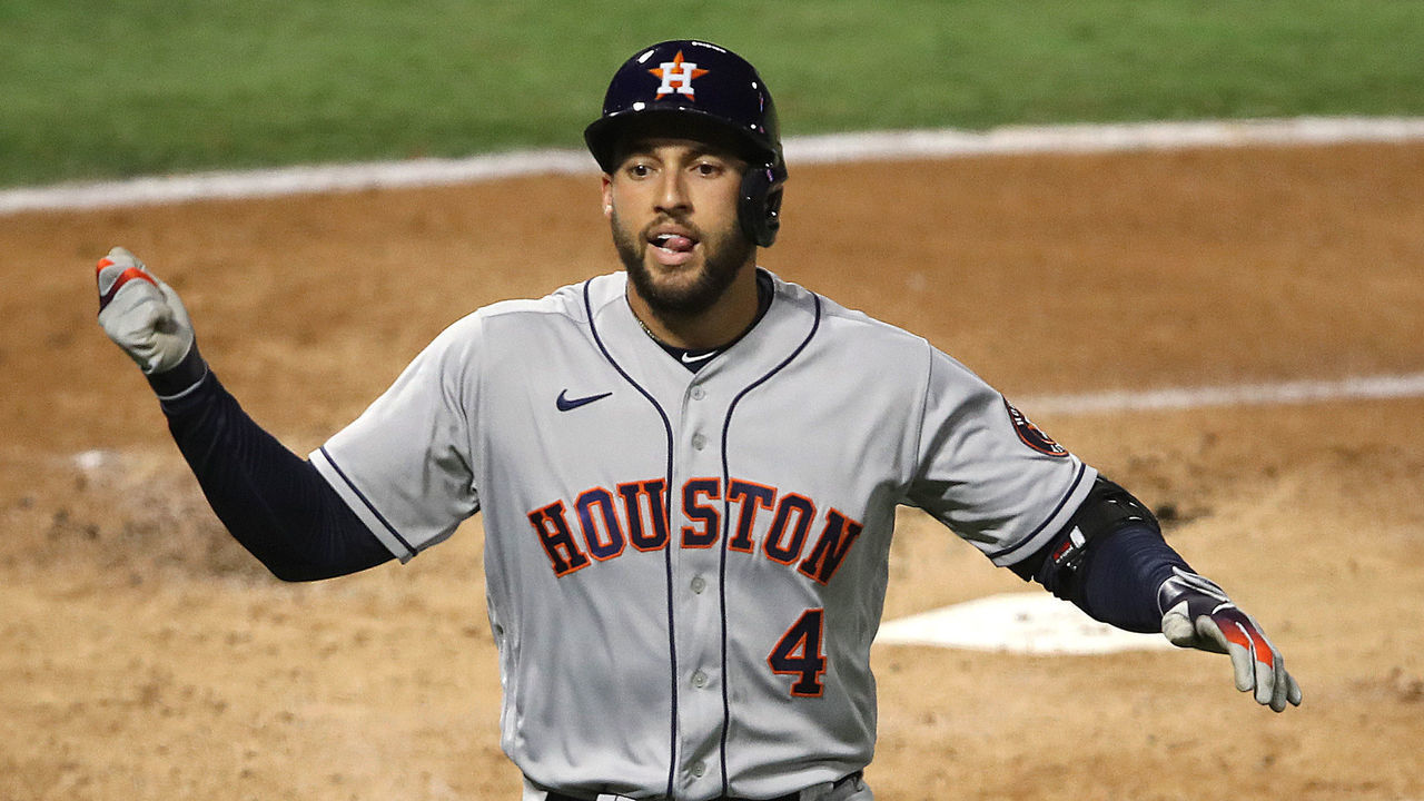 ANAHEIM, CALIFORNIA - SEPTEMBER 05: George Springer #4 of the Houston Astros reacts after hitting a solo homerun during the first inning of the second game of a double header against the Los Angeles Angels at Angel Stadium of Anaheim on September 05, 2020 in Anaheim, California.