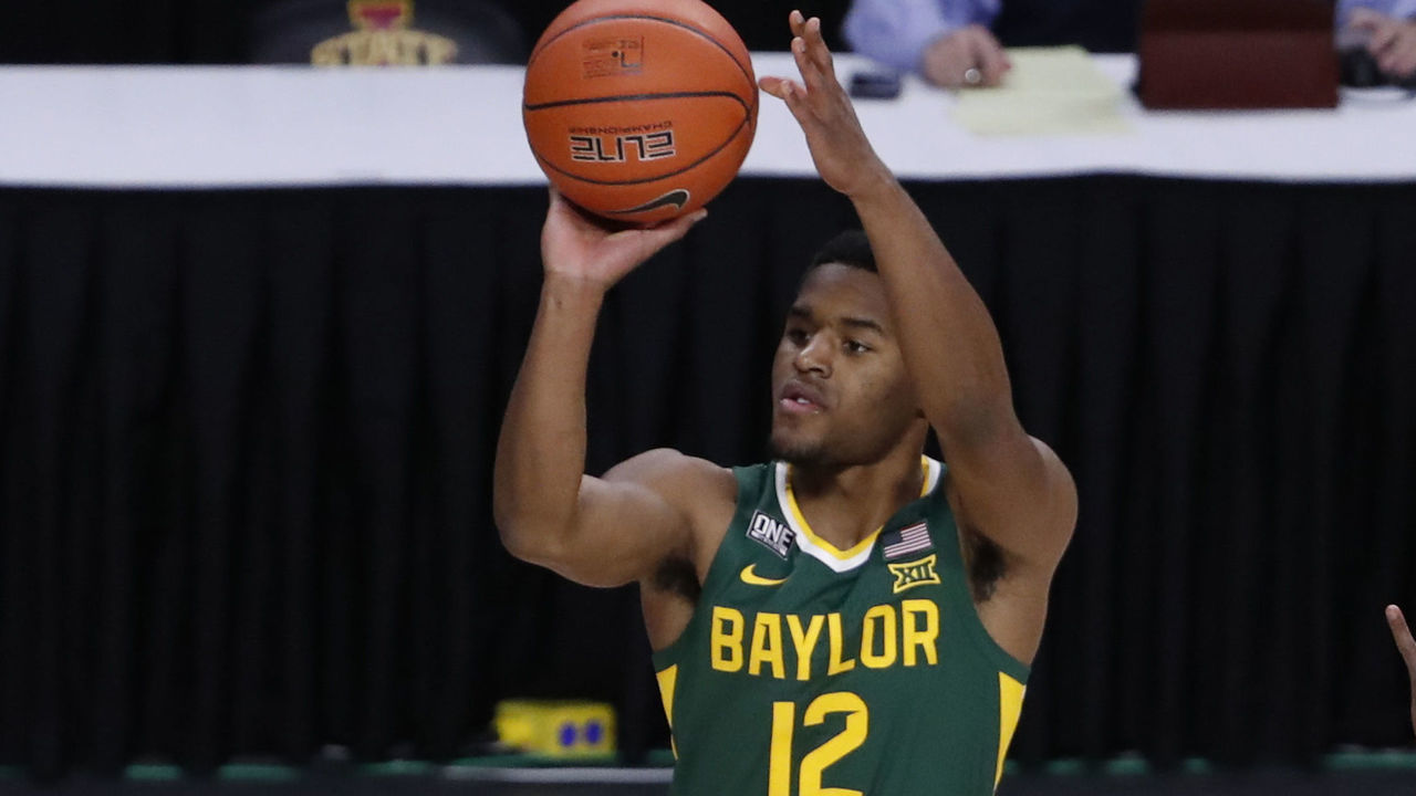 AMES, IA - JANUARY 2: Jared Butler #12 of the Baylor Bears shoots the ball in the first half of play at Hilton Coliseum on January 2, 2021 in Ames, Iowa. The Baylor Bears won 76-65 over the Iowa State Cyclones.