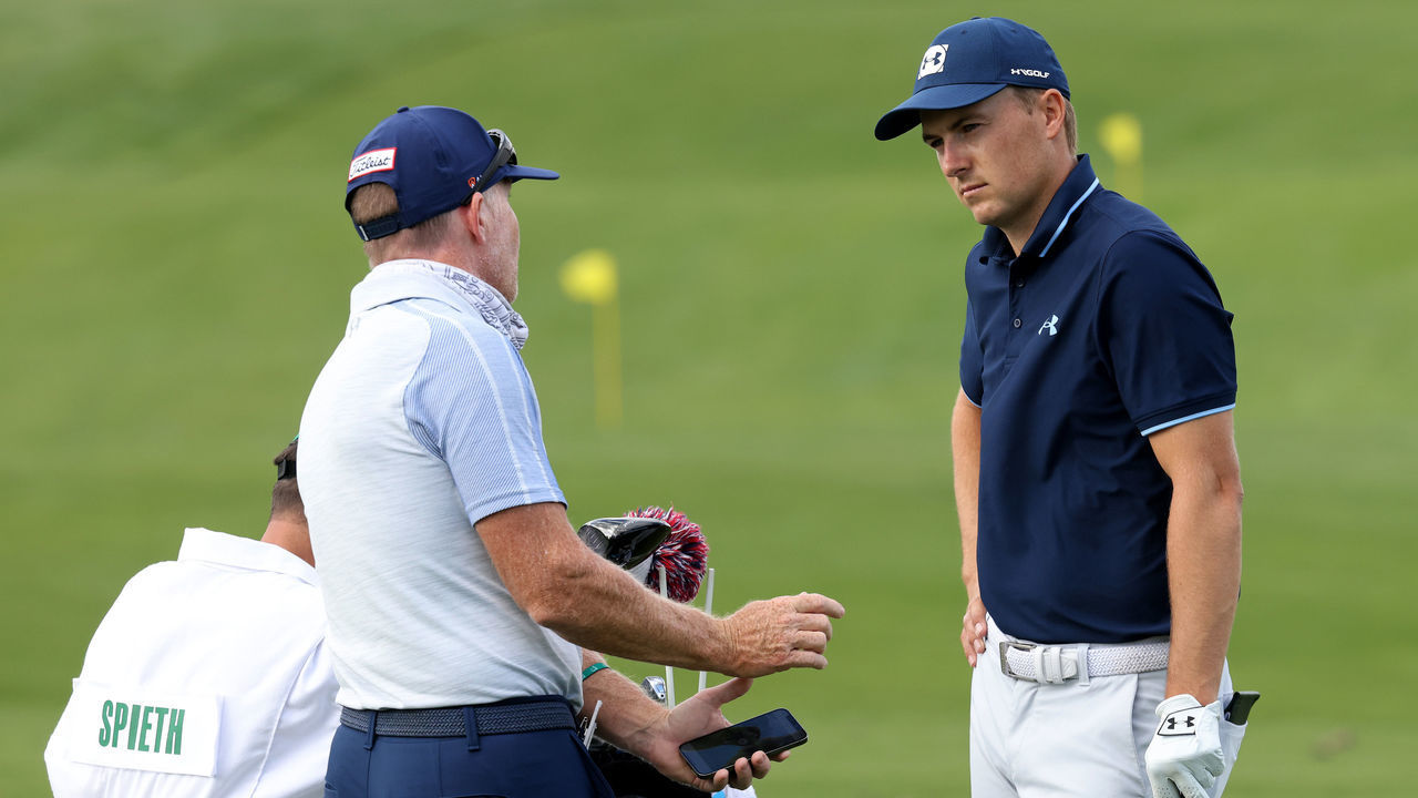 AUGUSTA, GEORGIA - NOVEMBER 09: Jordan Spieth of the United States talks with swing coach Cameron McCormick during a practice round prior to the Masters at Augusta National Golf Club on November 09, 2020 in Augusta, Georgia.