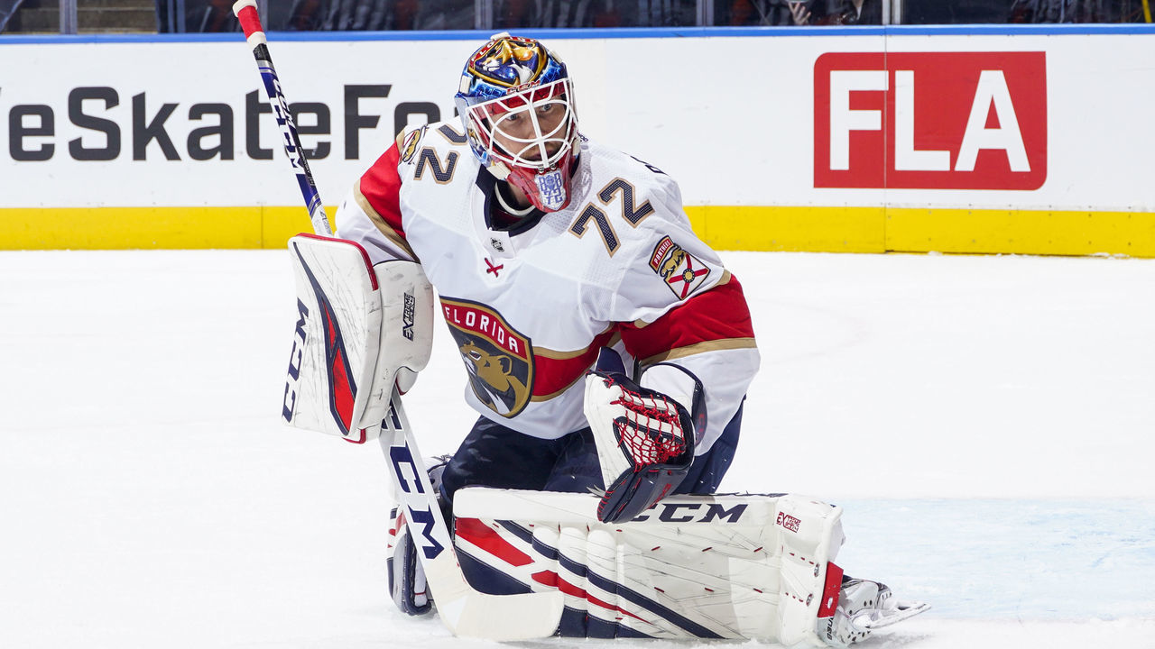 TORONTO, ONTARIO - AUGUST 04: Sergei Bobrovsky #72 of the Florida Panthers looks on during the first period against the New York Islanders in Game Two of the Eastern Conference Qualification Round at Scotiabank Arena on August 04, 2020 in Toronto, Ontario.