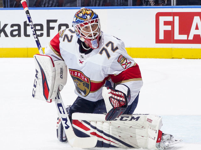 TORONTO, ONTARIO - AUGUST 04: Sergei Bobrovsky #72 of the Florida Panthers looks on during the first period against the New York Islanders in Game Two of the Eastern Conference Qualification Round at Scotiabank Arena on August 04, 2020 in Toronto, Ontario.