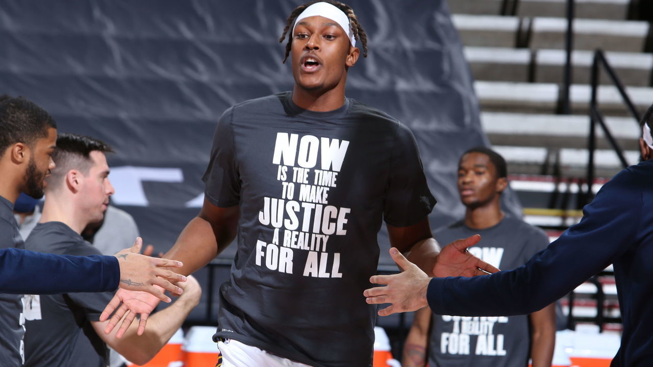 PORTLAND, OR - JANUARY 14: Myles Turner #33 of the Indiana Pacers gets introduced prior to a game against the Portland Trail Blazers on January 14, 2021 at the Moda Center Arena in Portland, Oregon. Mandatory Copyright Notice: Copyright 2021 NBAE