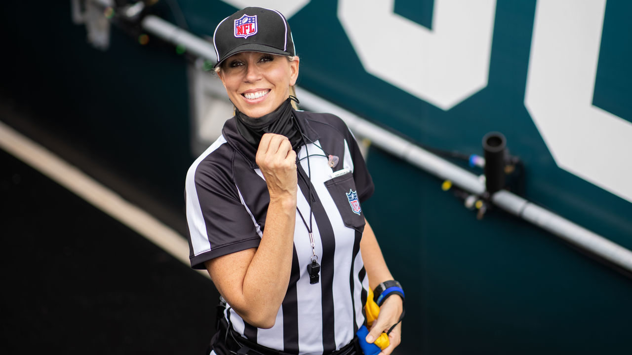 JACKSONVILLE, FLORIDA - OCTOBER 18: Line judge Sarah Thomas #53 poses for a photo before the start of a game between the Detroit Lions and the Jacksonville Jaguars at TIAA Bank Field on October 18, 2020 in Jacksonville, Florida.