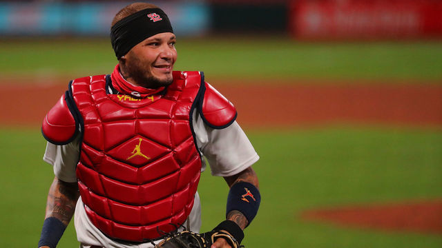 ST LOUIS, MO - AUGUST 20: Yadier Molina #4 of the St. Louis Cardinals returns to the dugout after the final out of the sixth inning against the Cincinnati Reds at Busch Stadium on August 20, 2020 in St Louis, Missouri. This is Molinas first game since testing positive for COVID-19 on August 4, 2020.