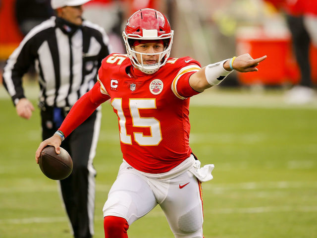 KANSAS CITY, MO - JANUARY 17: Patrick Mahomes #15 of the Kansas City Chiefs looks for an open receiver in the second quarter against the Cleveland Browns in the AFC Divisional Playoff at Arrowhead Stadium on January 17, 2021 in Kansas City, Missouri.