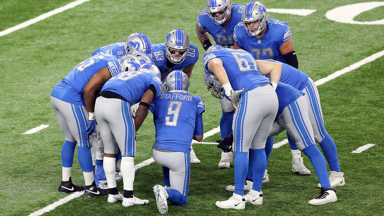 Detroit Lions quarterback Matthew Stafford (9) talks with his teammates in the huddle during the second half of an NFL football game between the Detroit Lions and the Minnesota Vikings in Detroit, Michigan USA, on Sunday, January 3, 2021.