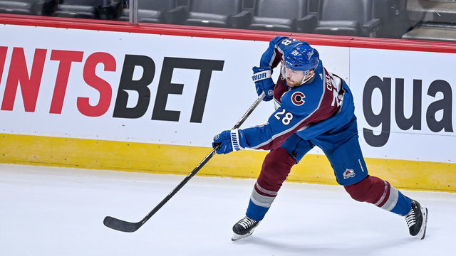 DENVER, CO - JANUARY 13: Colorado Avalanche defenseman Ian Cole (28) shoots during a game between the St. Louis Blues and the Colorado Avalanche at Ball Arena in Denver, Colorado on January 13, 2021.