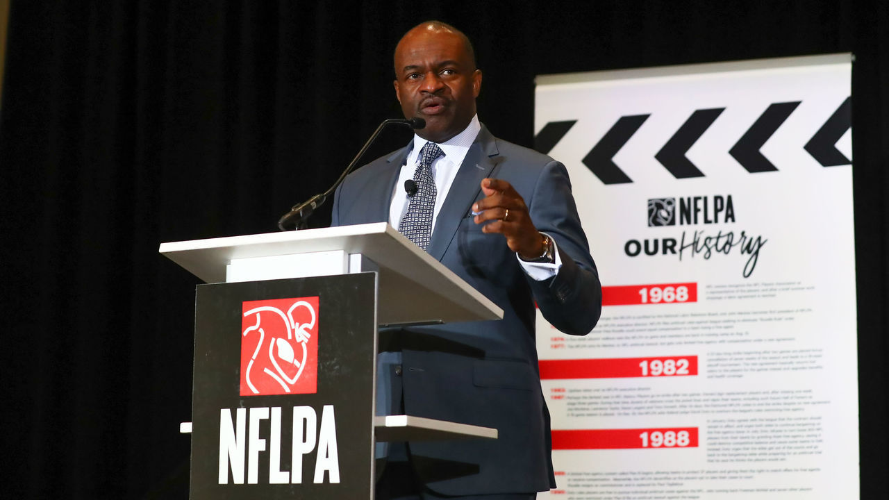 MIAMI BEACH, FL - JANUARY 30: DeMaurice Smith the Executive Director of the National Football League Players Association speaks during the NFLPA press conference on January 30, 2020 at the Miami Beach Convention Center in Miami Beack, FL.