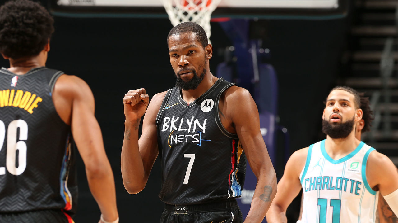 CHARLOTTE, NC - DECEMBER 27: Kevin Durant #7 of the Brooklyn Nets celebrates during the game against the Charlotte Hornets on December 27, 2020 at Spectrum Center in Charlotte, North Carolina. Mandatory Copyright Notice: Copyright 2020 NBAE