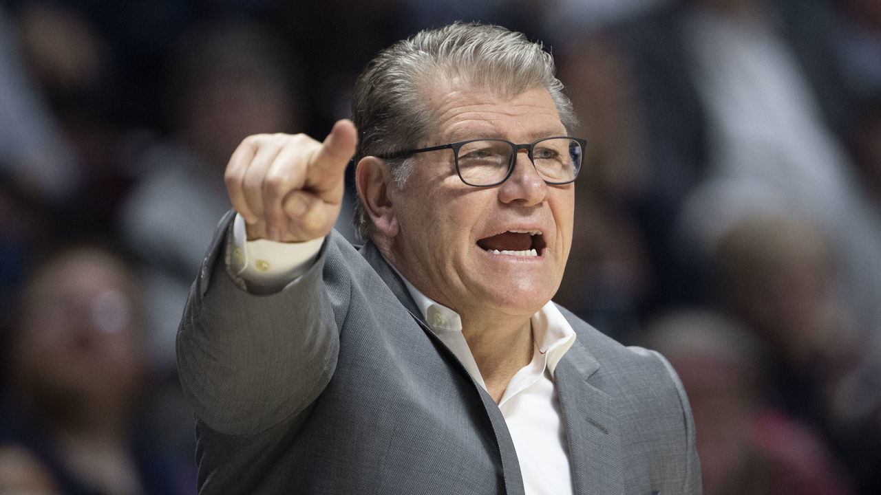 UNCASVILLE, CT - MARCH 09: Head coach Geno Auriemma of the UConn Huskies during the American Athletic Conference women's basketball championship at Mohegan Sun Arena on March 9, 2020 in Uncasville, Connecticut.
