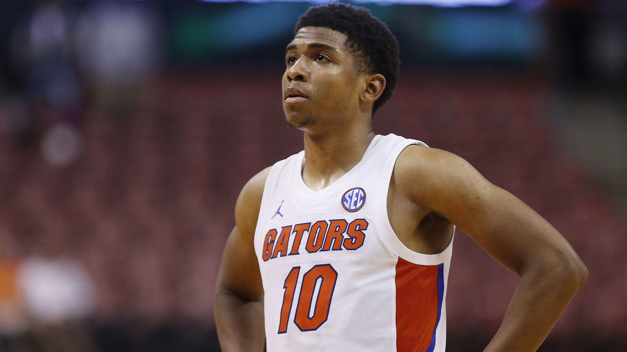 SUNRISE, FLORIDA - DECEMBER 21: Noah Locke #10 of the Florida Gators in action against the Utah State Aggies during the second half of the Orange Bowl Basketball Classic at BB&T Center on December 21, 2019 in Sunrise, Florida.