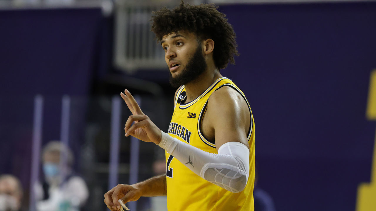 ANN ARBOR, MICHIGAN - JANUARY 12: Isaiah Livers #2 of the Michigan Wolverines looks to the bench during the second half of the game against the Wisconsin Badgers at Crisler Arena on January 12, 2021 in Ann Arbor, Michigan. Michigan defeated Wisconsin 77-54.