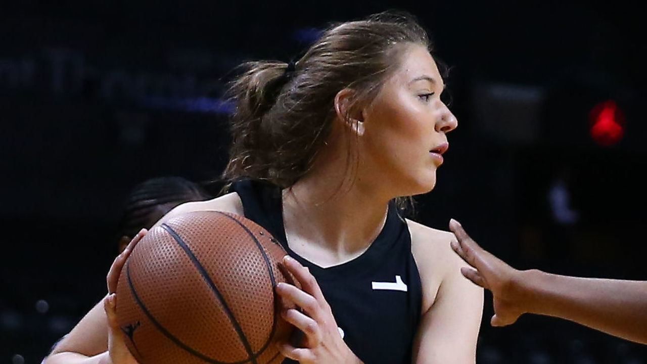 BROOKLYN, NY - APRIL 08: Jordan Brand Classic Away Team guard Ashley Joens (10) during the Jordan Brand Classic National Girls Game on April 8, 2018, at the Barclays Center in Brooklyn,NY.