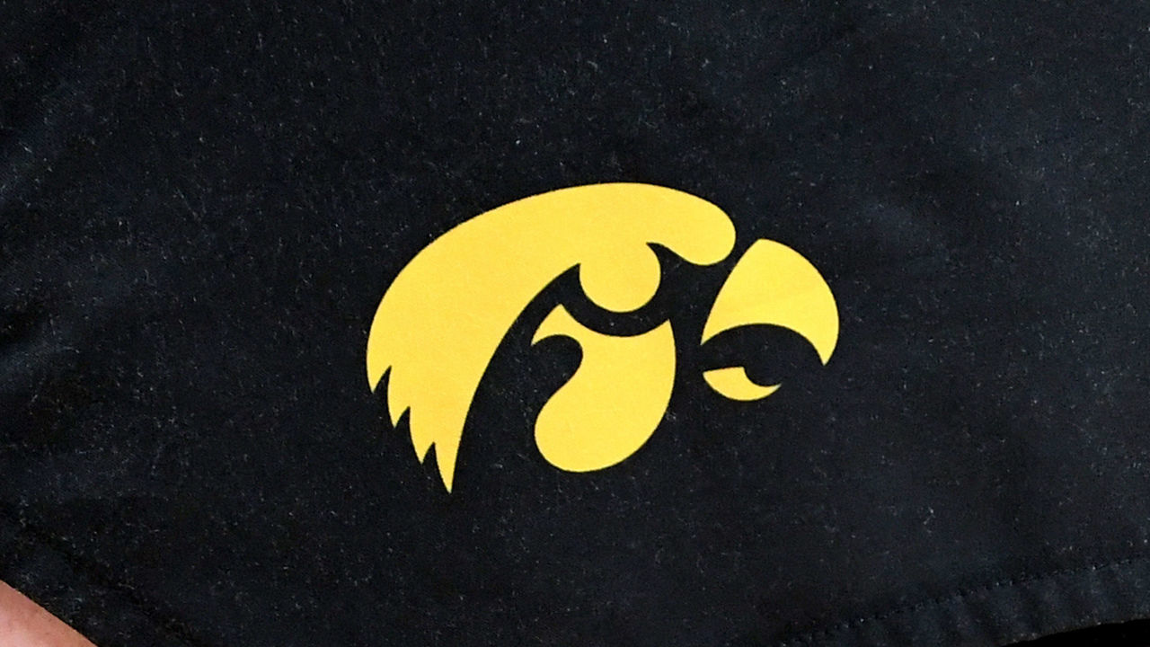 INDIANAPOLIS, IN - MARCH 10: The Iowa Hawkeyes logo on their uniform during the game against the Maryland Terrapins in the 2019 BIG Ten Women's Basketball Championship game at Bankers Life Fieldhouse on March 10, 2019 in Indianapolis, Indiana.