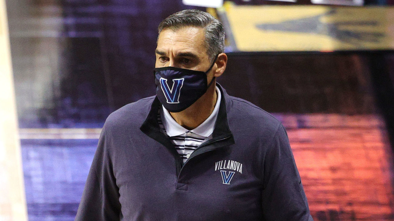 UNCASVILLE, CONNECTICUT - NOVEMBER 25: Head coach Jay Wright of the Villanova Wildcats disputes a call in the first half against the Boston College Eagles during the 2K Empire Classic at Mohegan Sun Arena on November 25, 2020 in Uncasville, Connecticut.