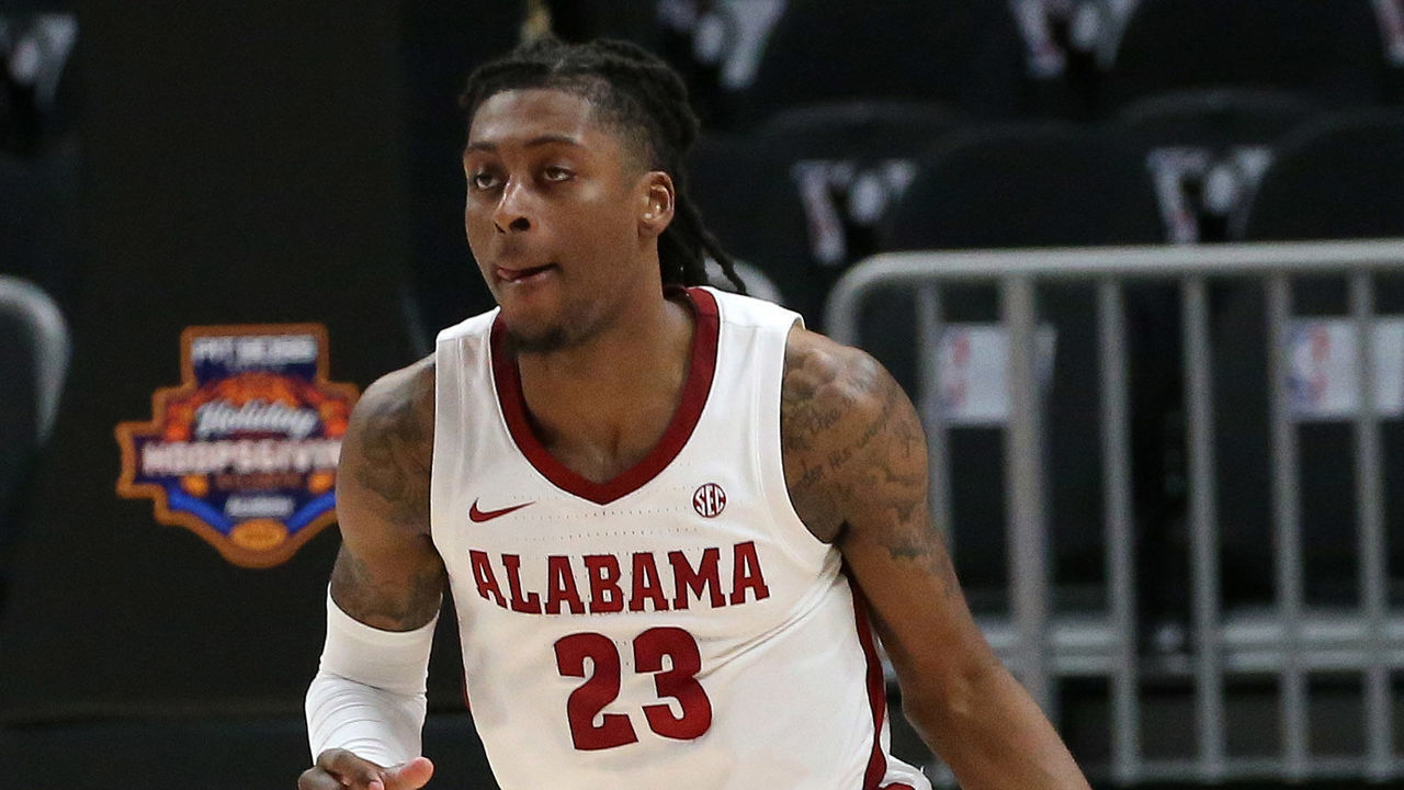ATLANTA, GA - DECEMBER 12: Alabama Crimson Tide guard John Petty Jr. (23) during the game between the Clemson Tigers and the Alabama Crimson Tide on December 12, 2020 at State Farm Arena in Atlanta, Georgia.