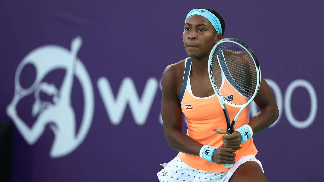ABU DHABI, UNITED ARAB EMIRATES - JANUARY 09: Cori (Coco) Gauff of the United States plays a backhand against Maria Sakkari of Greece during her Women's Singles match on Day Four of the Abu Dhabi WTA Women's Tennis Open at Zayed Sports City on January 09, 2021 in Abu Dhabi, United Arab Emirates.