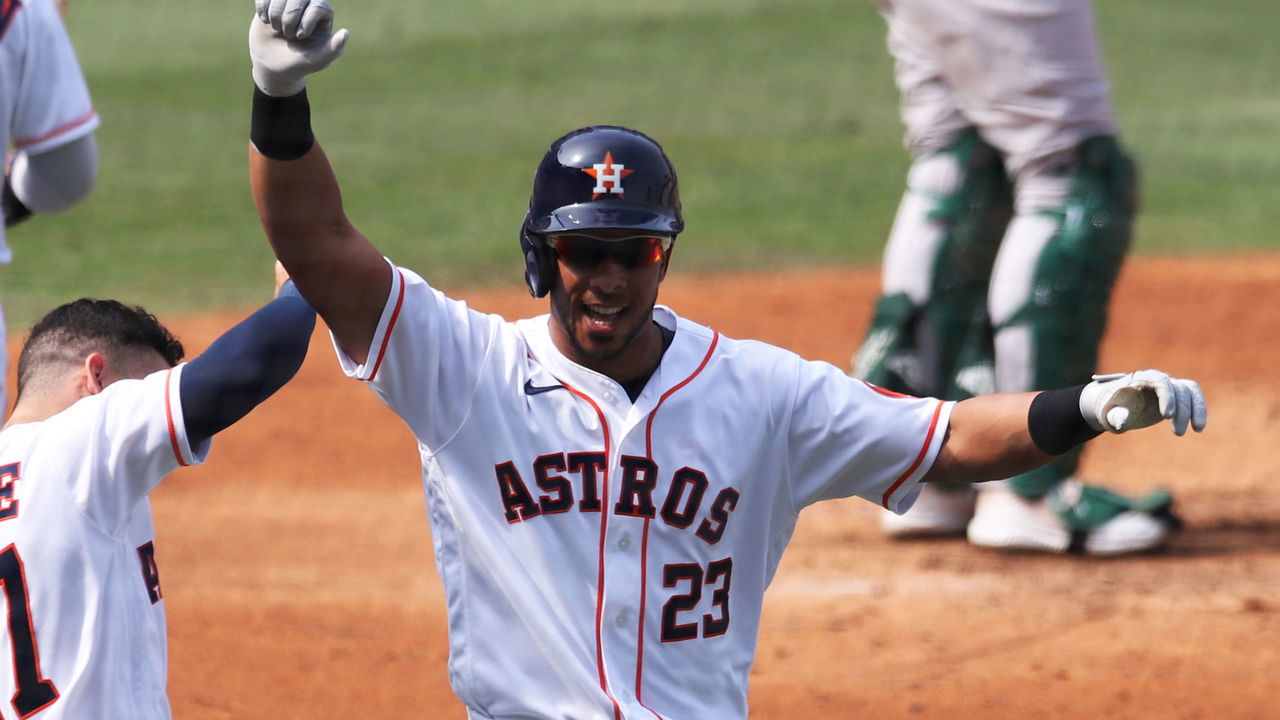 LOS ANGELES, CA - OCTOBER 08: Michael Brantley #23 of the Houston Astros celebrates after hitting a two run home run in the fourth inning during Game 4 of the ALDS between the Houston Astros and the Oakland Athletics at Dodger Stadium on Thursday, October 8, 2020 in Los Angeles, California.