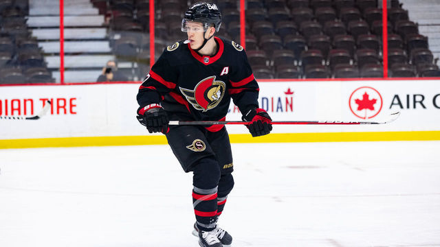 OTTAWA, ON - JANUARY 15: Ottawa Senators Left Wing Brady Tkachuk (7) keeps eyes on the play during third period National Hockey League action between the Toronto Maple Leafs and Ottawa Senators on January 15, 2021, at Canadian Tire Centre in Ottawa, ON, Canada.