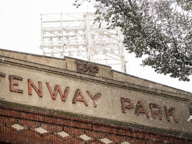 BOSTON, MA - OCTOBER 30: The Jersey Street facade is shown as snow falls on October 30, 2020 at Fenway Park in Boston, Massachusetts.