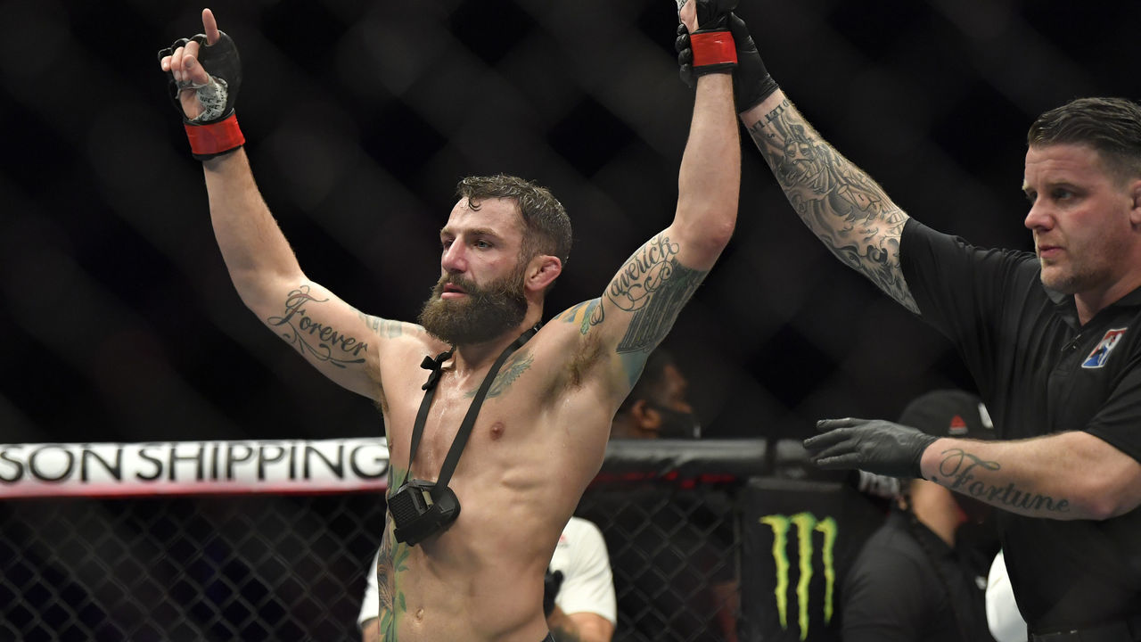 ABU DHABI, UNITED ARAB EMIRATES - JANUARY 20: Michael Chiesa reacts after his victory over Neil Magny in a welterweight fight during the UFC Fight Night event at Etihad Arena on UFC Fight Island on January 20, 2021 in Abu Dhabi, United Arab Emirates.