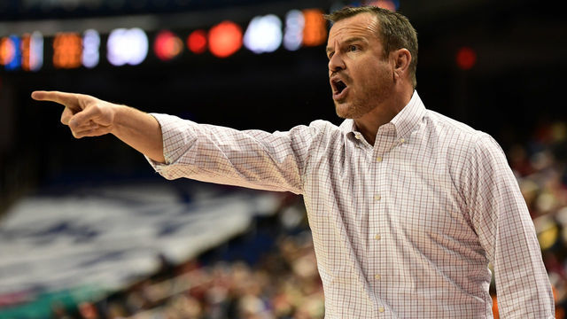 GREENSBORO, NC - MARCH 08: Louisville Cardinals head coach Jeff Walz shows his displeasure on a call during the ACC Women's basketball tournament between the Louisville Cardinals and the Clemson Tigers on March 8, 2019, at the Greensboro Coliseum Complex in Greensboro, NC.