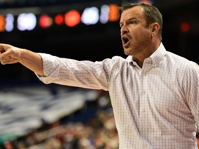 GREENSBORO, NC - MARCH 08: Louisville Cardinals head coach Jeff Walz shows his displeasure on a call during the ACC Women's basketball tournament between the Louisville Cardinals and the Clemson Tigers on March 8, 2019, at the Greensboro Coliseum Complex in Greensboro, NC.