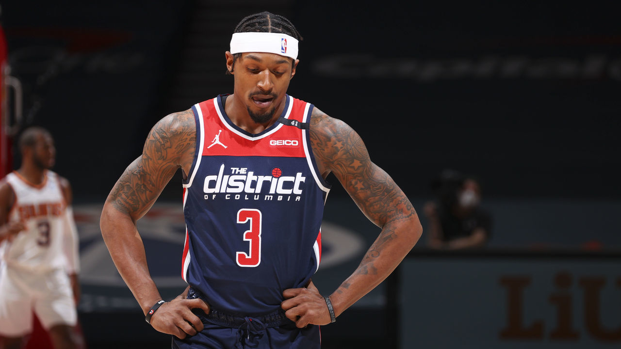 WASHINGTON, DC - JANUARY 11: Bradley Beal #3 of the Washington Wizards looks on during the game against the Phoenix Suns on January 11, 2021 at Capital One Arena in Washington, DC. Mandatory Copyright Notice: Copyright 2021 NBAE
