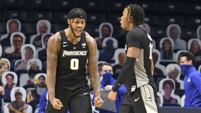 CINCINNATI, OH - JANUARY 10: Nate Watson #0 of the Providence Friars celebrates a shot during a college basketball game against the Xavier Musketeers on January 10, 2021 at the Cintas Center in Cincinnati, Ohio.