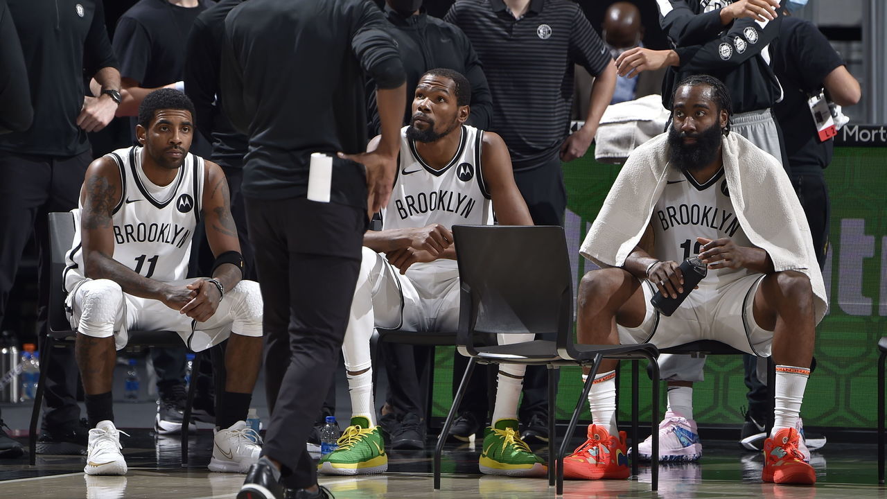 CLEVELAND, OH - JANUARY 20: Kyrie Irving #11, Kevin Durant #7, and James Harden #13 of the Brooklyn Nets huddle up during the game against the Cleveland Cavaliers on January 20, 2021 at Rocket Mortgage FieldHouse in Cleveland, Ohio. NOTE TO USER: User expressly acknowledges and agrees that, by downloading and/or using this Photograph, user is consenting to the terms and conditions of the Getty Images License Agreement. Mandatory Copyright Notice: Copyright 2021 NBAE