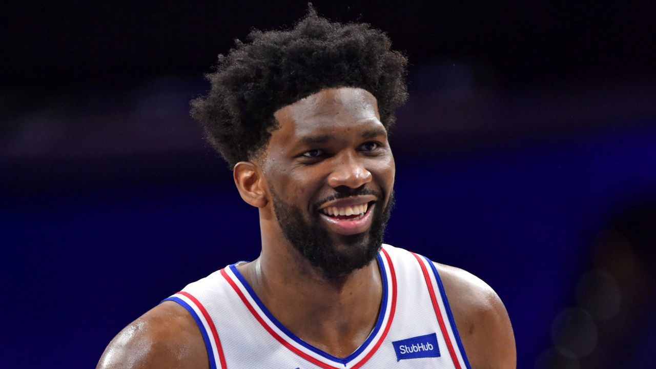PHILADELPHIA, PA - JANUARY 20: Joel Embiid #21 of the Philadelphia 76ers smiles during a game against the Boston Celtics on January 20, 2021 at Wells Fargo Center in Philadelphia, Pennsylvania. NOTE TO USER: User expressly acknowledges and agrees that, by downloading and/or using this Photograph, user is consenting to the terms and conditions of the Getty Images License Agreement. Mandatory Copyright Notice: Copyright 2021 NBAE