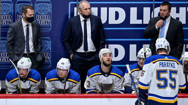 DENVER, CO - JANUARY 13: St. Louis Blues head coach Craig Berube looks on during a game between the St. Louis Blues and the Colorado Avalanche at Ball Arena in Denver, Colorado on January 13, 2021.
