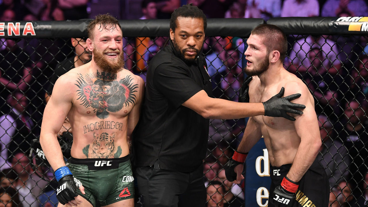 LAS VEGAS, NV - OCTOBER 06: Referee Herb Dean seperates Conor McGregor of Ireland and Khabib Nurmagomedov of Russia in their UFC lightweight championship bout during the UFC 229 event inside T-Mobile Arena on October 6, 2018 in Las Vegas, Nevada.