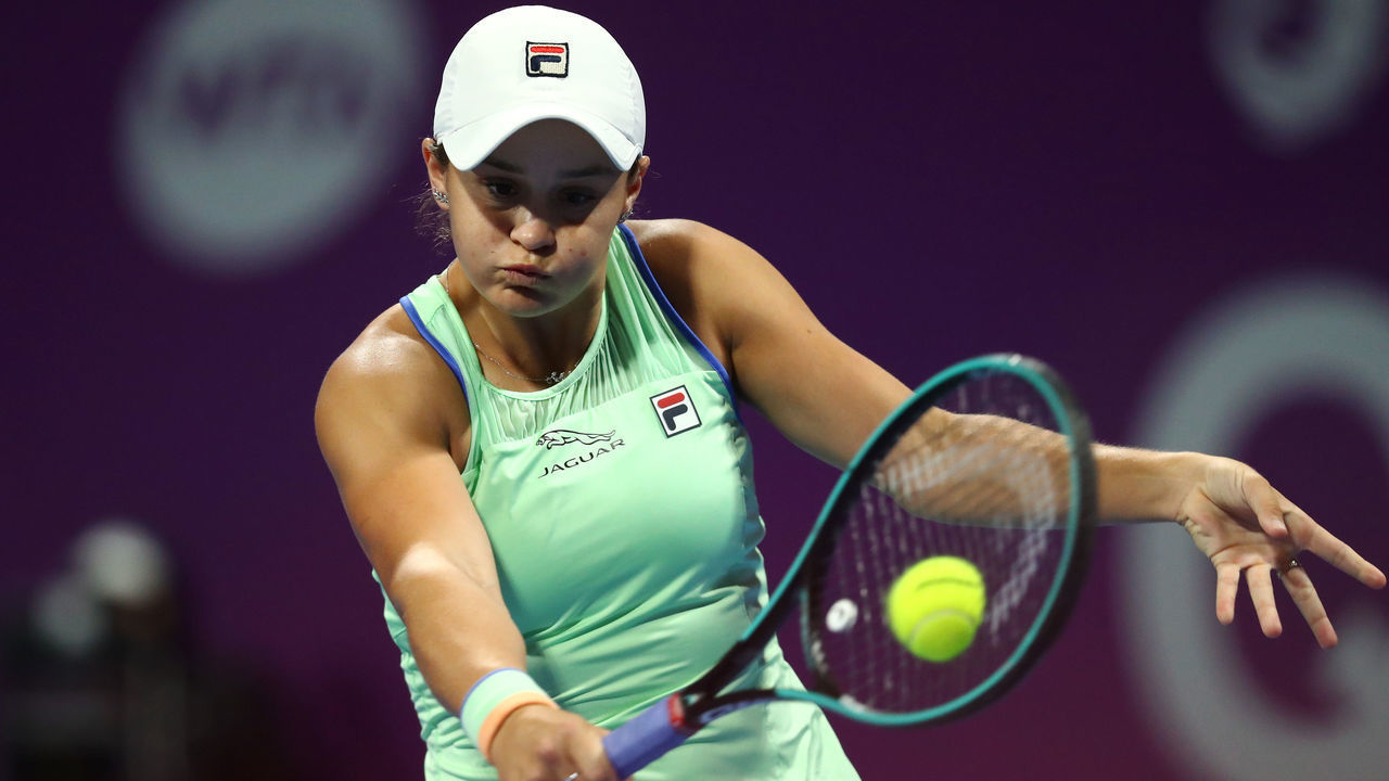 DOHA, QATAR - FEBRUARY 28: Ashleigh Barty of Australia returns a backhand against Petra Kvitova of Czech Republic in their semi final match during Day 6 of the WTA Qatar Total Open 2020 at Khalifa International Tennis and Squash Complex on February 28, 2020 in Doha, Qatar.