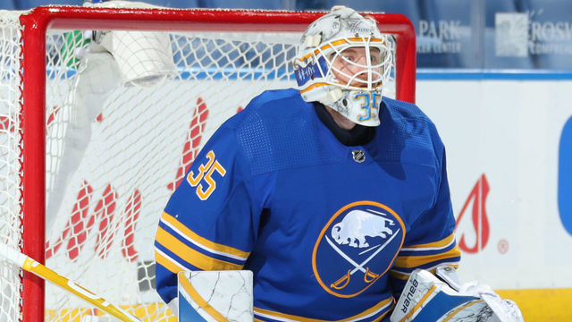 BUFFALO, NY - JANUARY 15: Linus Ullmark #35 of the Buffalo Sabres tends goal during an NHL game against the Washington Capitals on January 15, 2021 at KeyBank Center in Buffalo, New York.