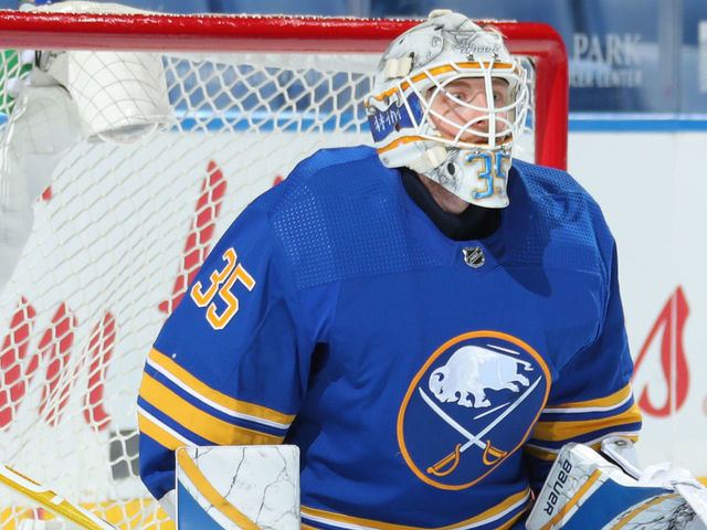 BUFFALO, NY - JANUARY 15: Linus Ullmark #35 of the Buffalo Sabres tends goal during an NHL game against the Washington Capitals on January 15, 2021 at KeyBank Center in Buffalo, New York.