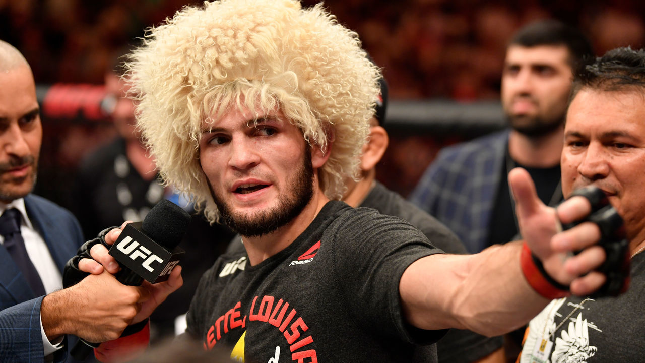 ABU DHABI, UNITED ARAB EMIRATES - SEPTEMBER 07: Khabib Nurmagomedov of Russia is interviewed after his submission victory over Dustin Poirier in their lightweight championship bout during UFC 242 at The Arena on September 7, 2019 in Yas Island, Abu Dhabi, United Arab Emirates.