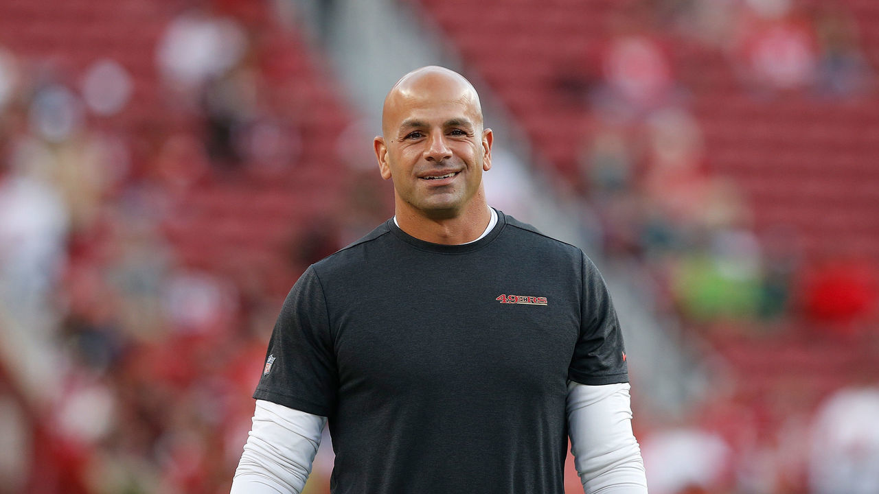 SANTA CLARA, CALIFORNIA - NOVEMBER 11: San Francisco 49ers defensive coordinator Robert Saleh looks on before the game against the Seattle Seahawks at Levi's Stadium on November 11, 2019 in Santa Clara, California.