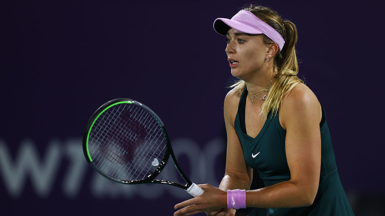 ABU DHABI, UNITED ARAB EMIRATES - JANUARY 08: Paula Badosa of Spain in action against Alize Cornet of France during her Women's Singles match on Day Three of the Abu Dhabi WTA Women's Tennis Open at Zayed Sports City on January 08, 2021 in Abu Dhabi, United Arab Emirates.