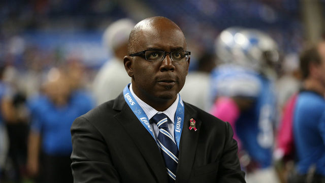 DETROIT MI - OCTOBER 11: Detroit Lions Executive Vice President of Football Operations and General Manager Martin Mayhew watches the action during the game against the Arizona Cardinals on October 11, 2015 at Ford Field in Detroit, Michigan. The Cardinals defeated the Lion 42-17.