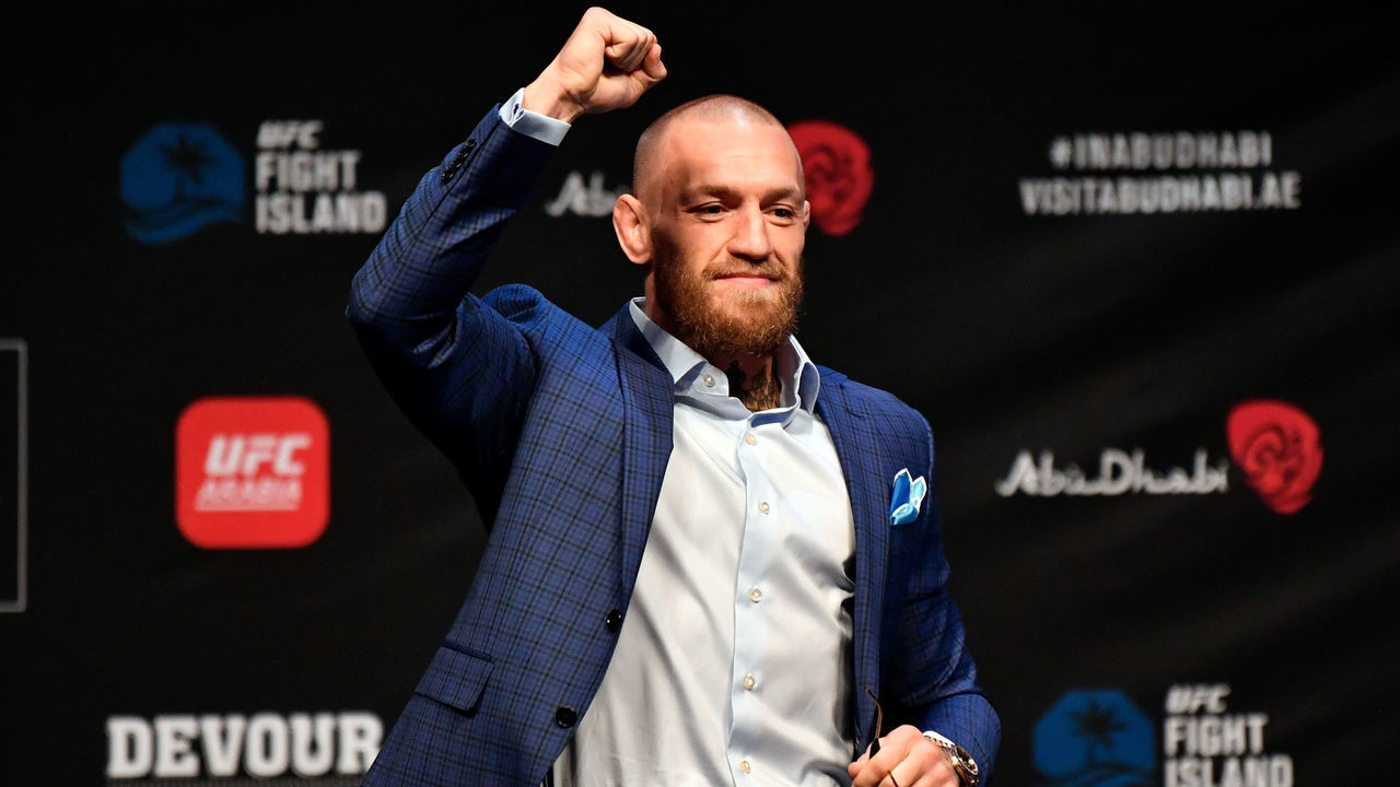 ABU DHABI, UNITED ARAB EMIRATES - JANUARY 21: Conor McGregor of Ireland arrives on stage during the UFC 257 press conference event inside Etihad Arena on UFC Fight Island on January 21, 2021 in Yas Island, Abu Dhabi, United Arab Emirates.