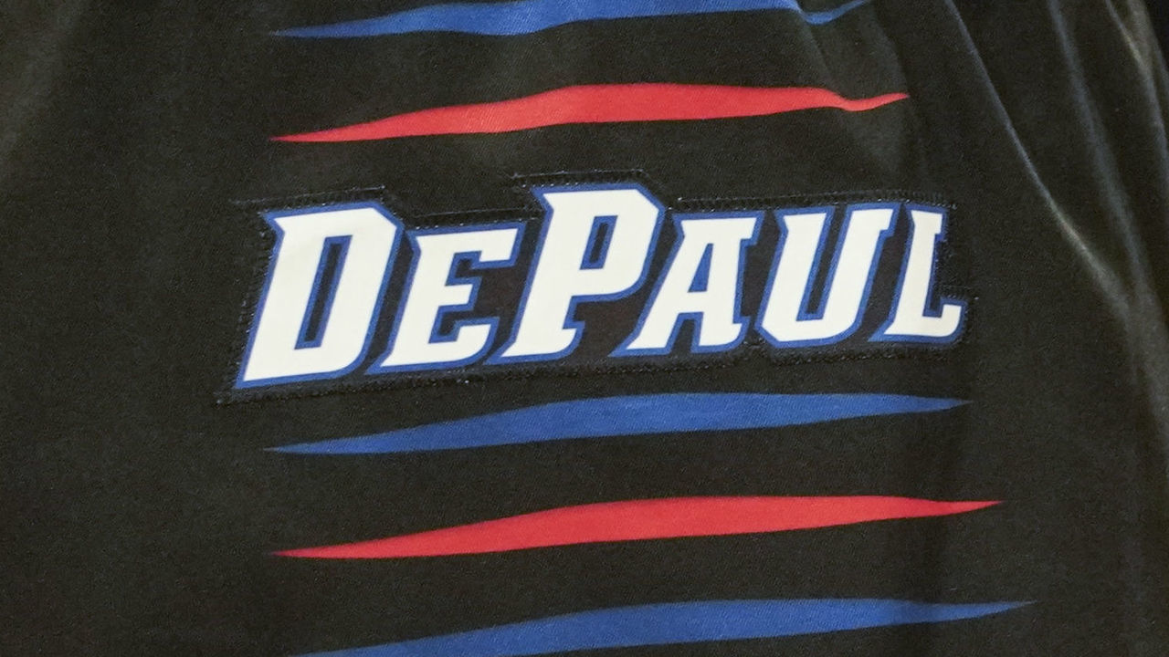 NEW YORK, NY - MARCH 11: The DePaul Blue Demons uniform logo in a first round game against the Xavier Musketeers during the Big East Tournament at Madison Square Garden on March 11, 2020 in New York City.
