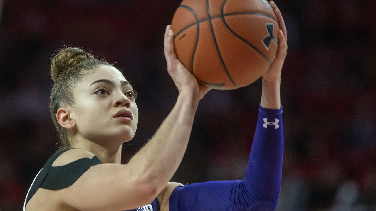 COLLEGE PARK, MD - JANUARY 26: Lindsey Pulliam #10 of Northwestern at the free throw line during a game between Northwestern and Maryland at Xfinity Center on January 26, 2020 in College Park, Maryland.