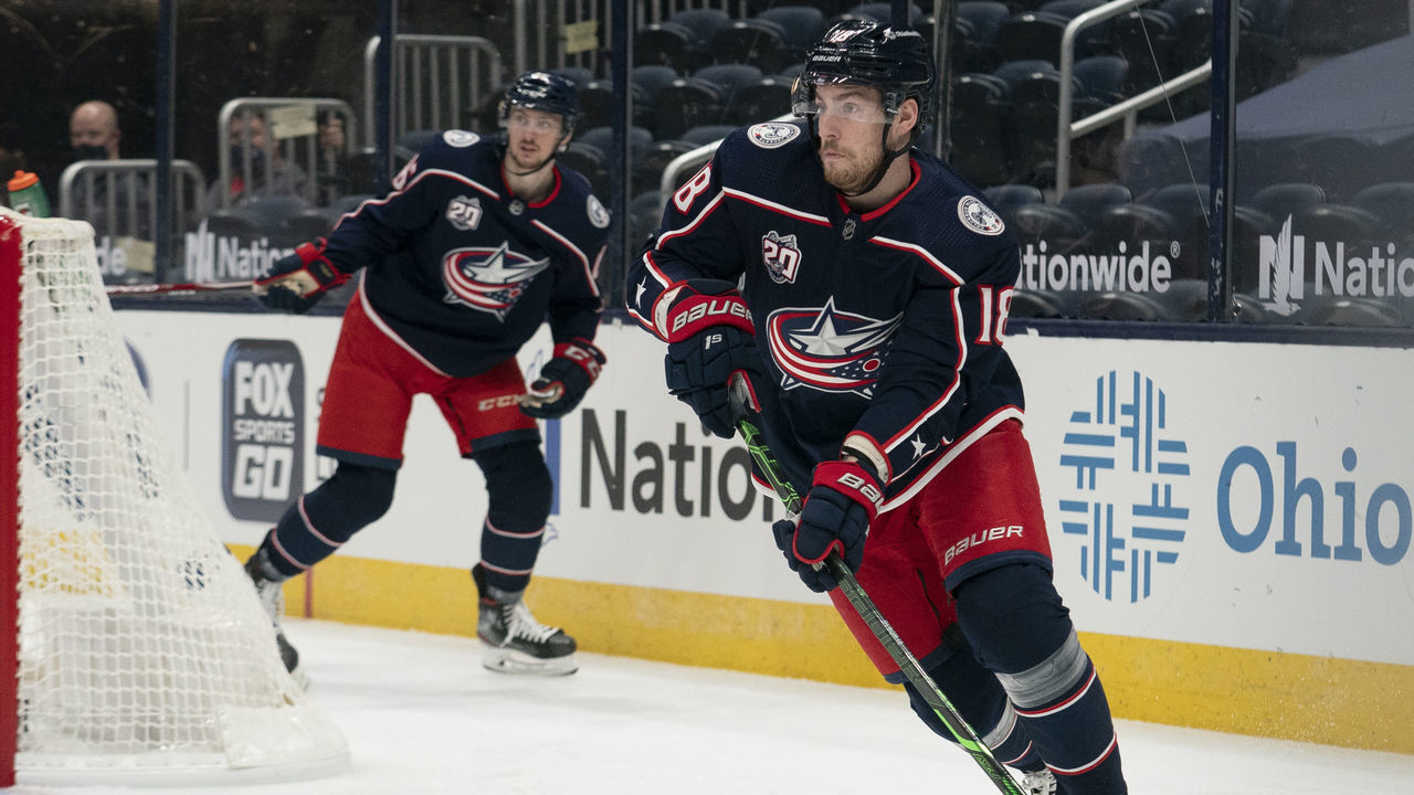 COLUMBUS, OH - JANUARY 21: Pierre-Luc Dubois #18 of the Columbus Blue Jackets skates with the puck during the game between the Columbus Blue Jackets and the Tampa Bay Lightning at Nationwide Arena in Columbus, Ohio on January 21, 2021.