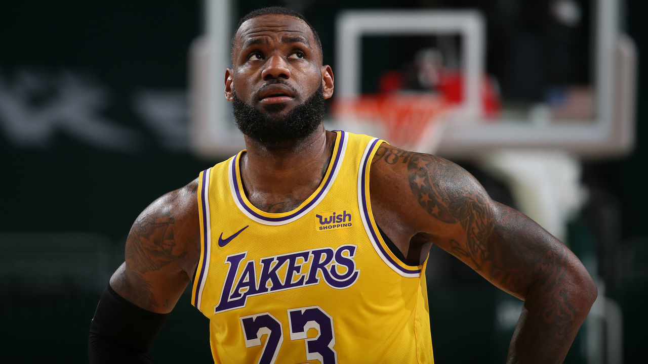 MILWAUKEE, WI - JANUARY 21: LeBron James #23 of the Los Angeles Lakers looks on during the game against the Milwaukee Bucks on January 21, 2021 at the Fiserv Forum Center in Milwaukee, Wisconsin. Mandatory Copyright Notice: Copyright 2021 NBAE .