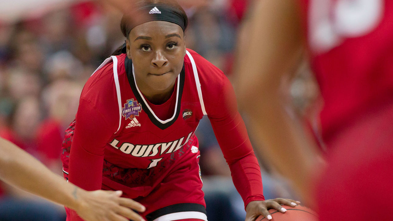 COLUMBUS, OH - MARCH 30: Louisville Cardinals guard Dana Evans (1) looks for an open woman in the division I women's championship semifinal game between the Louisville Cardinals and the Mississippi State Bulldogs on March 30, 2018 at Nationwide Arena in Columbus, OH.